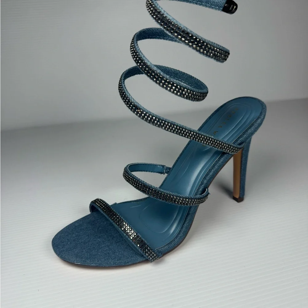 Azalea Wang Lowri Denim Sparkle Rhinestone Spiral Wrap Heels NWT - Picture 4 of 6